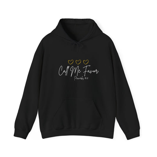 "Call Me Favor" Hoodie — Proverbs 18:22 Inspirational Pullover (Black/Dark Grey)