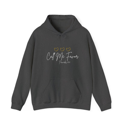 "Call Me Favor" Hoodie — Proverbs 18:22 Inspirational Pullover (Black/Dark Grey)